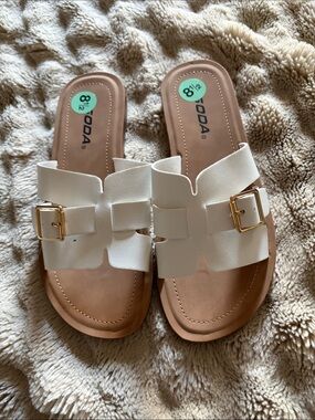 Soda White Slide Sandals with Gold Buckle